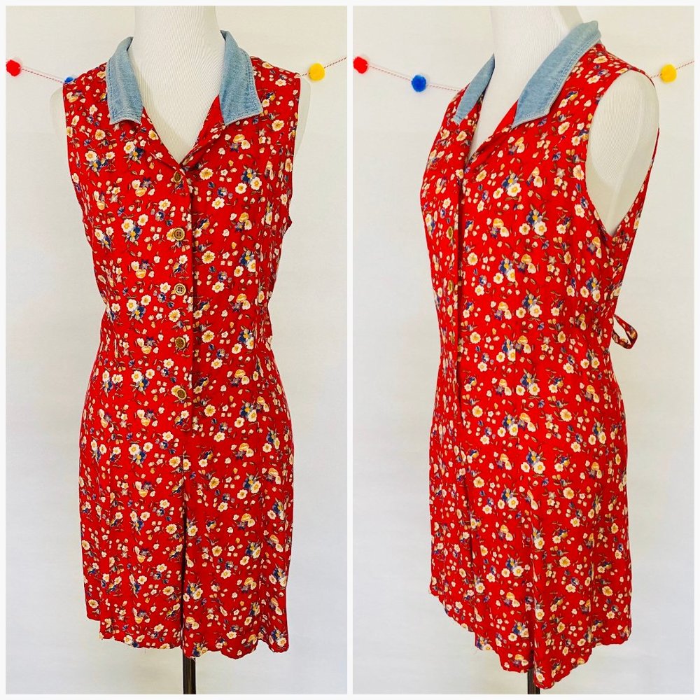 Red Floral Romper with Denim Collar by Bonjour